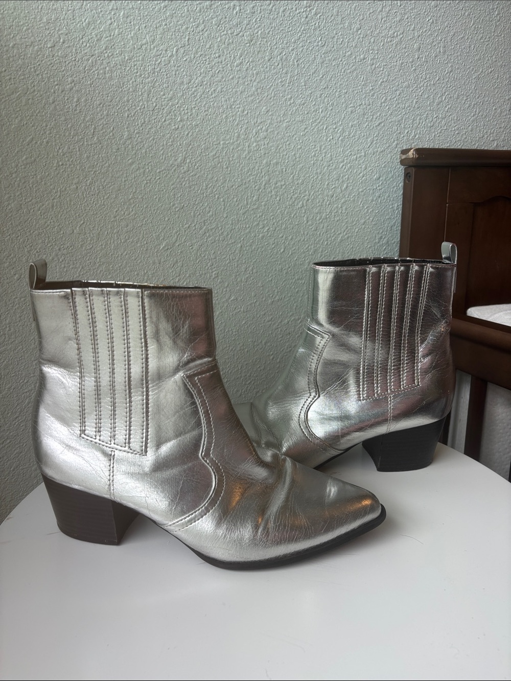 SHEIN Metallic Silver Western Ankle Boots